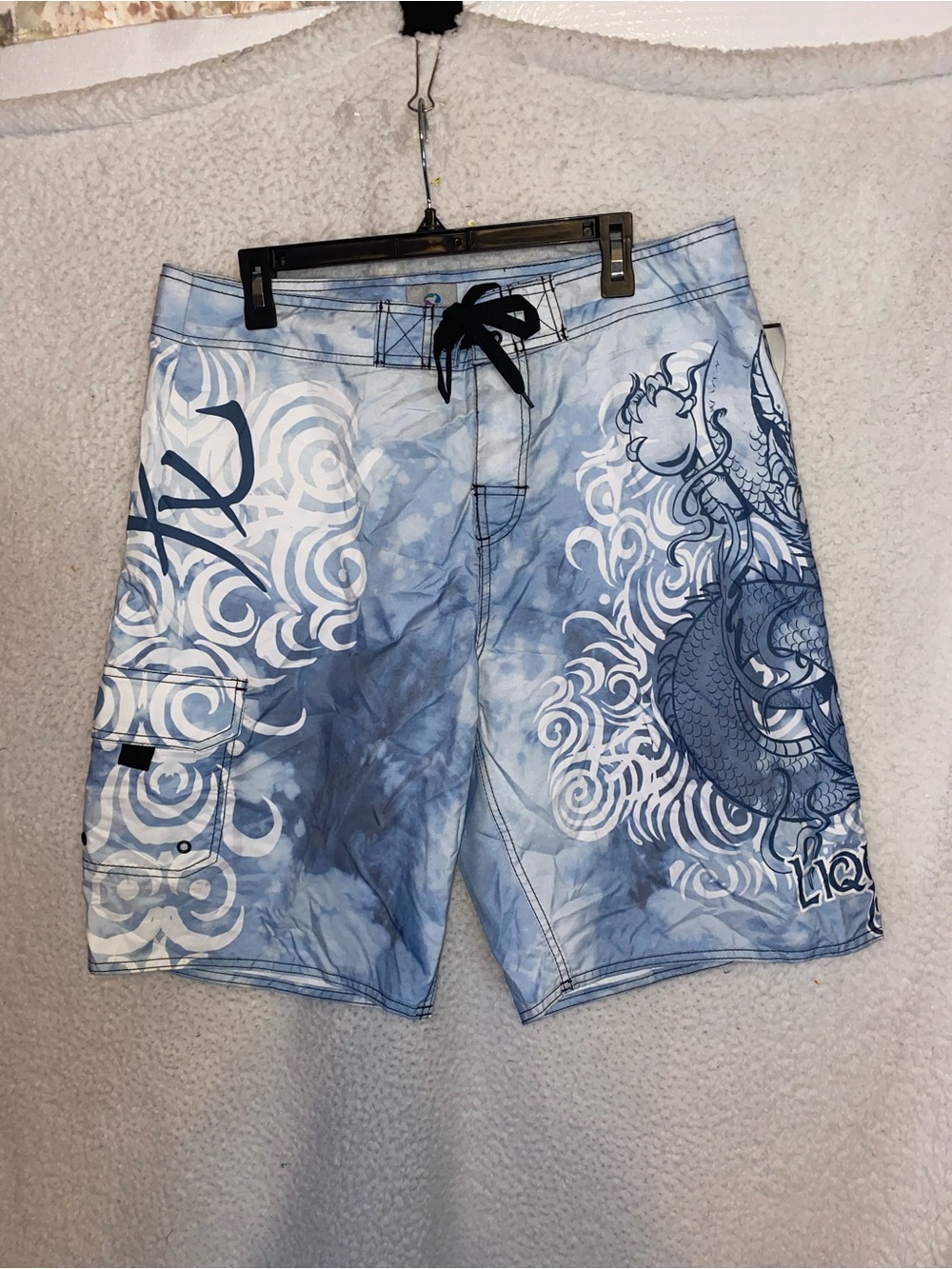 Liquid Blue Men’s Sz 36 Cargo Blue Dragon Swim Trunks Board Shorts Unlined (GZ)
